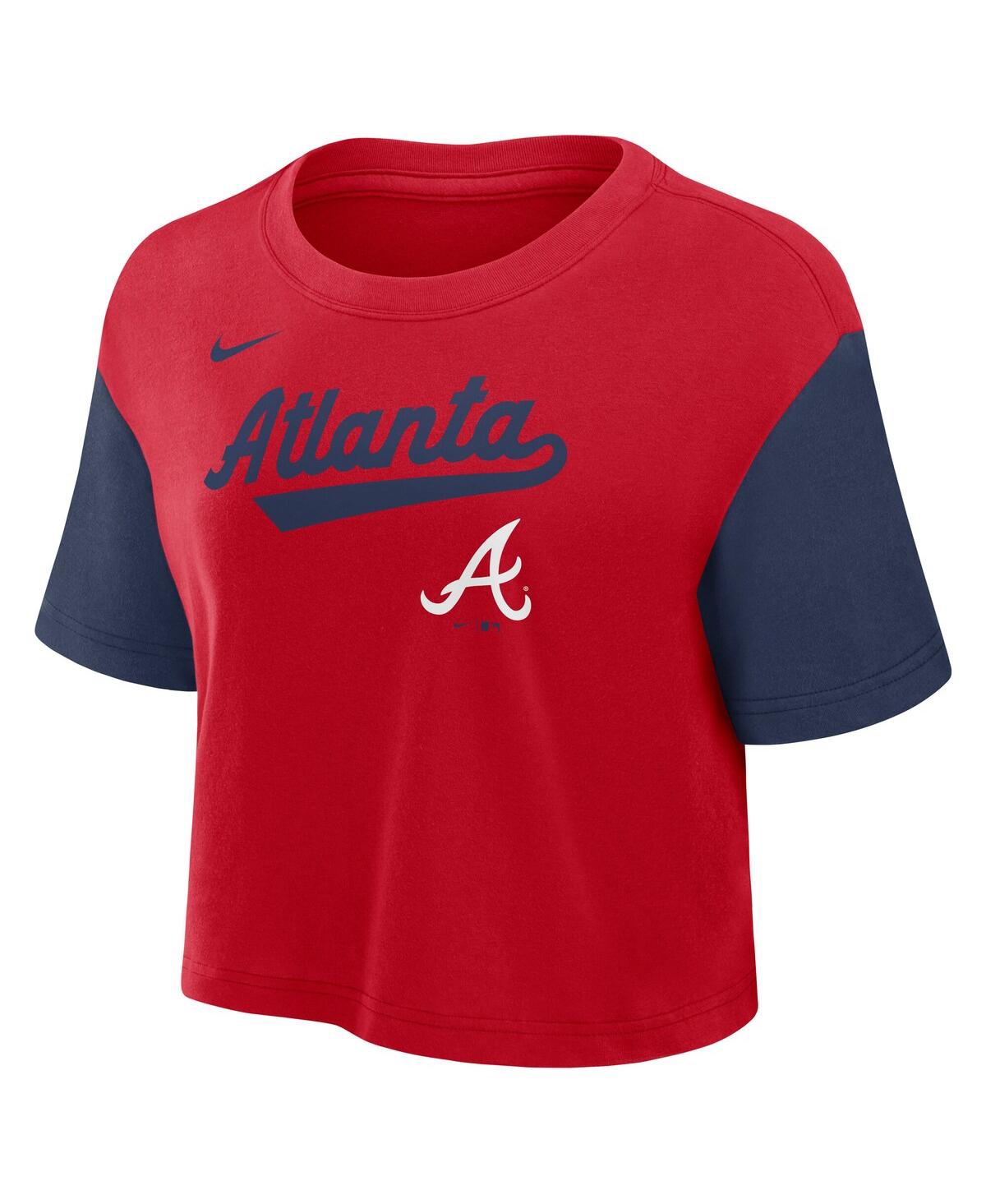 Nike Women's Red/navy Atlanta Braves Script Cropped Performance T-shirt In Red,navy