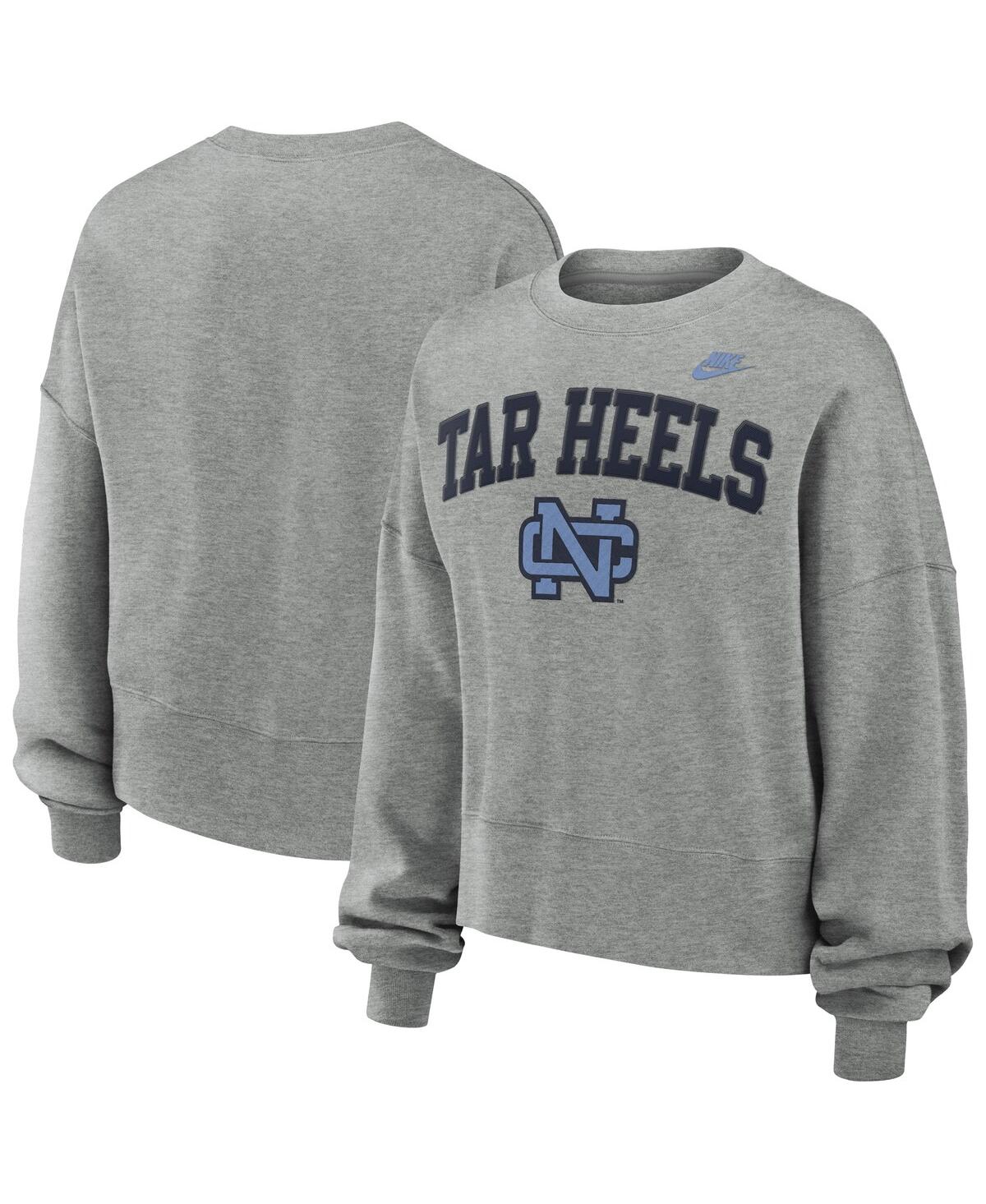 NIKE WOMEN'S HEATHER GRAY NORTH CAROLINA TAR HEELS LEGACY FLEECE CLASSIC ARCH OVERSIZED CROPPED TACKLE TW 