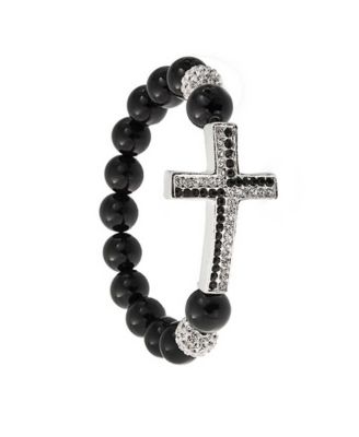 Religious Sideways Cross Onyx Compressed Pave Crystal Stretch Bracelet Plated
