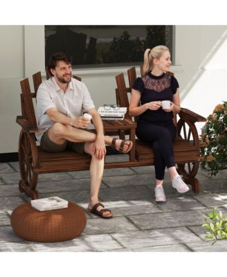 Wooden Garden Bench with Table, 2-Seat Outdoor Bench