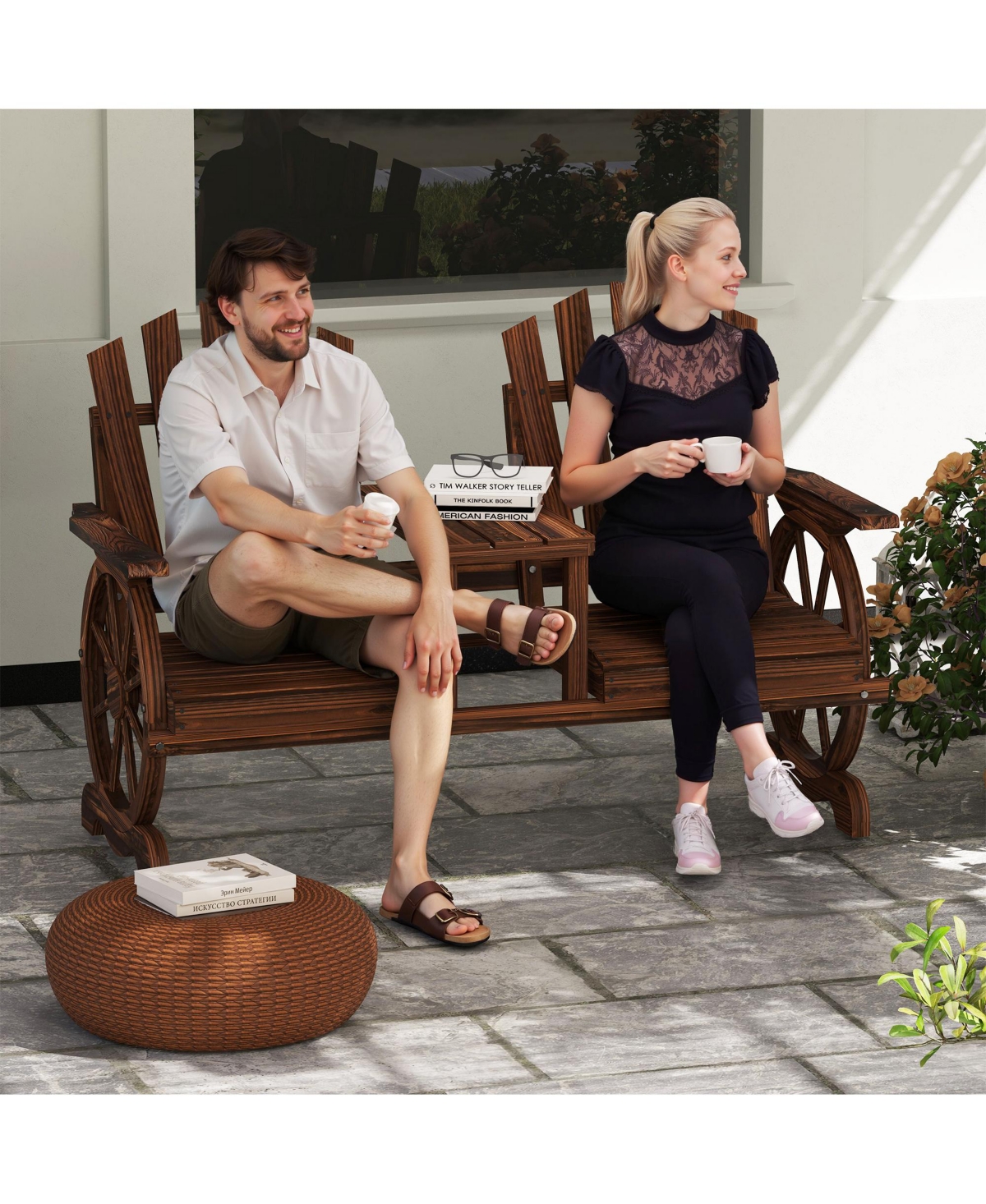 Outsunny Wooden Garden Bench with Table, 2-Seat Outdoor