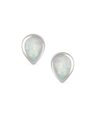 Tiny Simple Iridescence Bezel Created White Opal Teardrop Stud Earrings .925 Sterling Silver