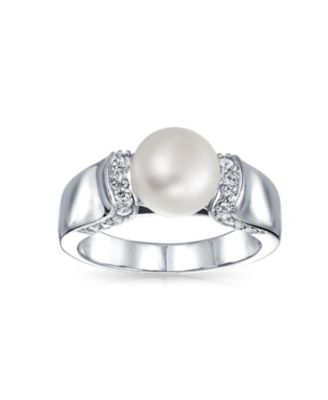 Art Deco Style Pave CZ Solitaire White Freshwater Cultured Pearl Promise Ring Silver Plated Brass