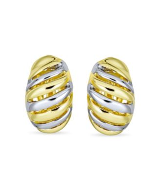 Geometric Grooved Twist Shrimp Half Hoop Stripe Two Tone Dome Clip On Earrings For Non Pierced Ears Gold Silver Plated