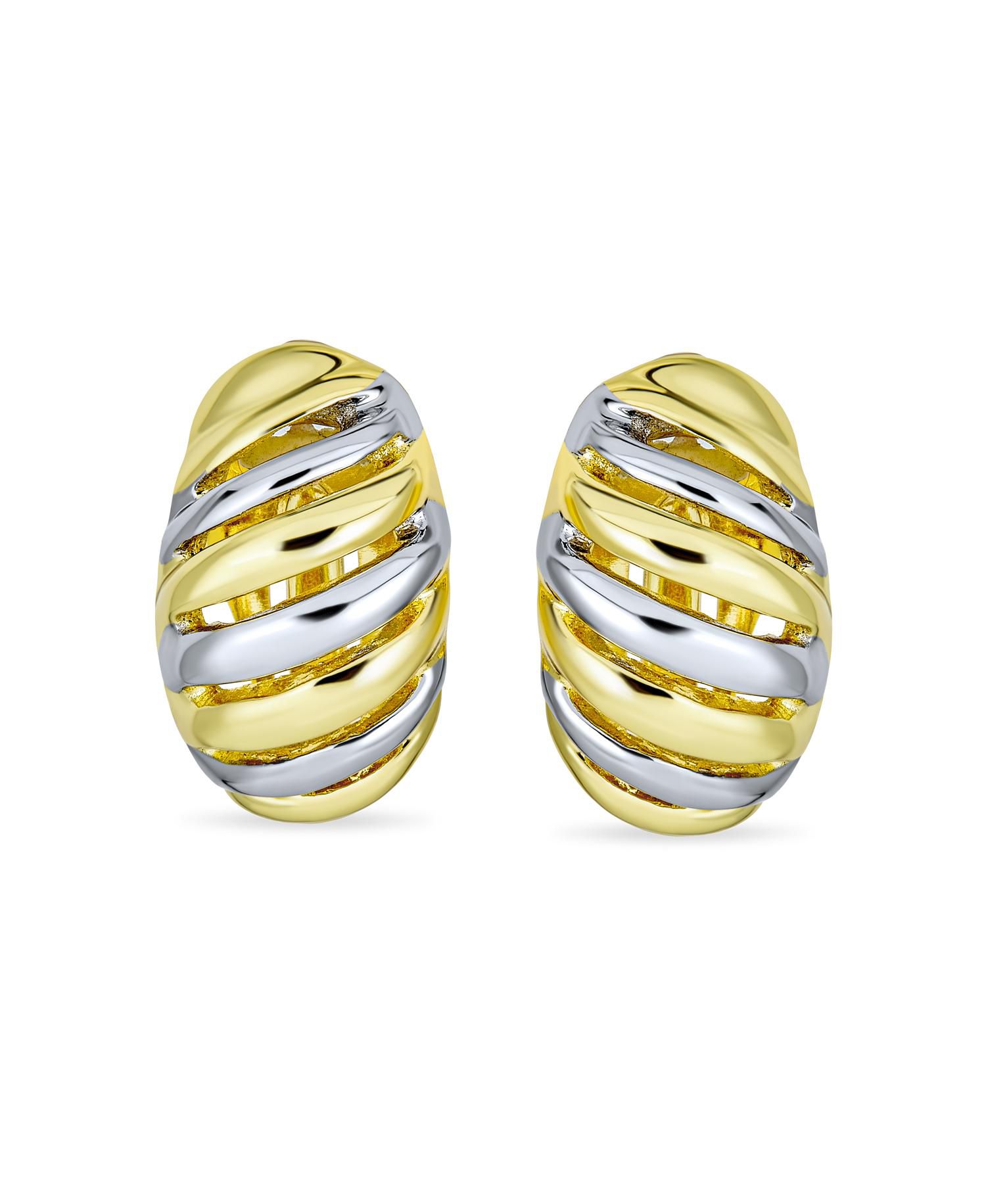Shrimp Style Stripe Twist 2 Tone Dome Clip On Earrings Gold Plated Rhodium