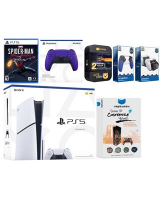 Playstation 5 Slim Disc with Spider-Man: Miles Morales, Extra Galactic Purple Controller, Trigger Stop Kit, Charge Dock and MightySkins Decal Voucher + 2 Year CPS Extended Warranty