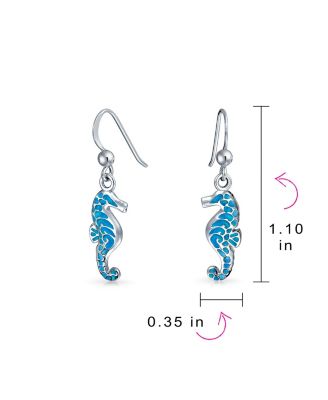 Sea Animal Nautical Beach Vacation Inlay Enamel Seahorse Dangling Earrings .925 Sterling Fish Hook