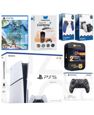 Playstation 5 Slim Disc with Horizon Forbidden West, Extra White Controller, Trigger Stop Kit, Charge Dock and MightySkins Decal Voucher + 2 Year