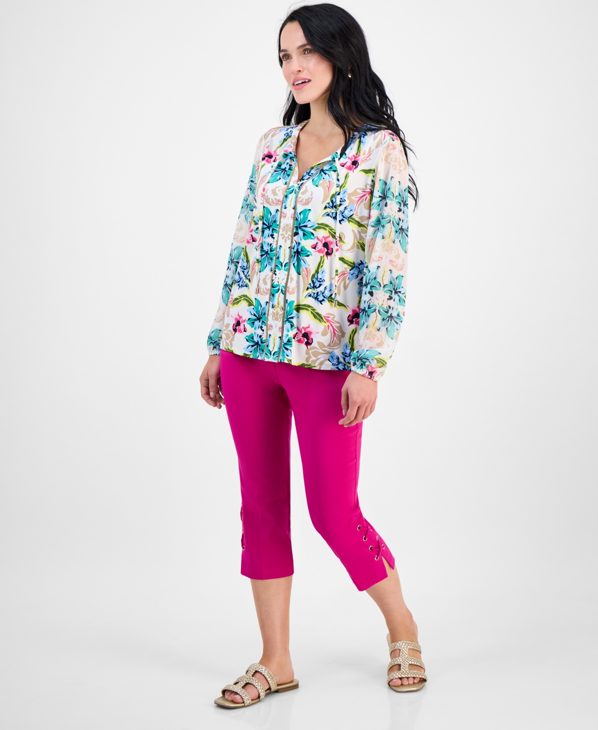 JM COLLECTION PETITE BALI ESCAPE PRINTED BLOUSON-SLEEVE BLOUSE, EXCLUSIVELY AT MACY'S 