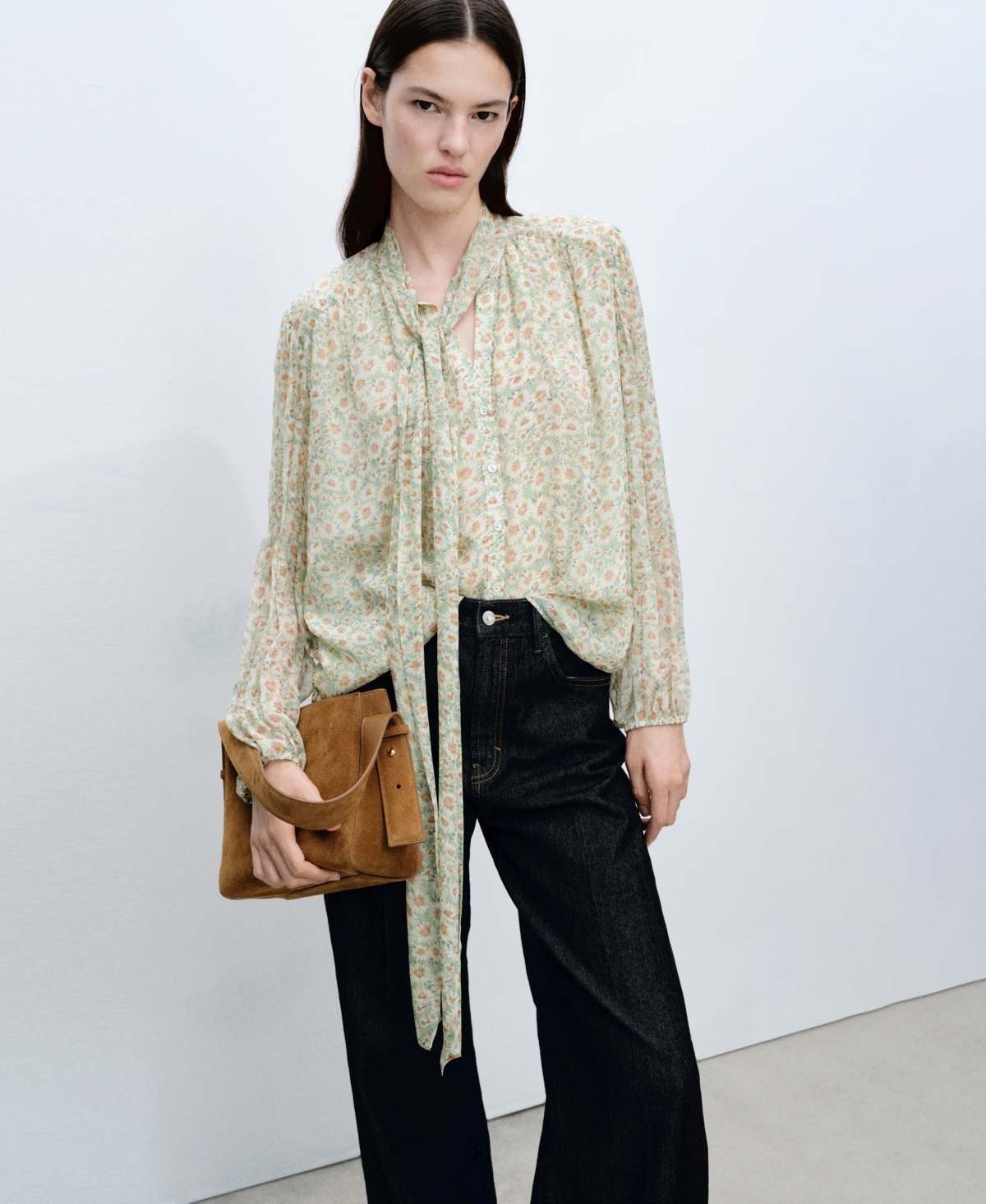 Mango Floral Tie Blouse Green In Green