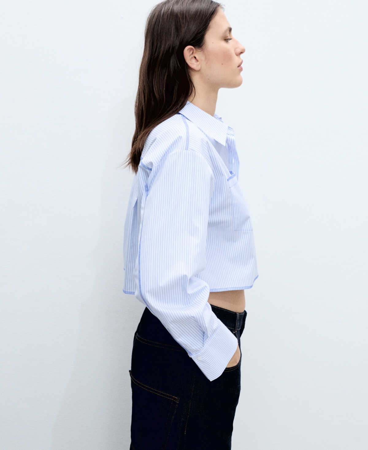 Mango Stripe Long Sleeve Crop Poplin Button-up Shirt In Blue