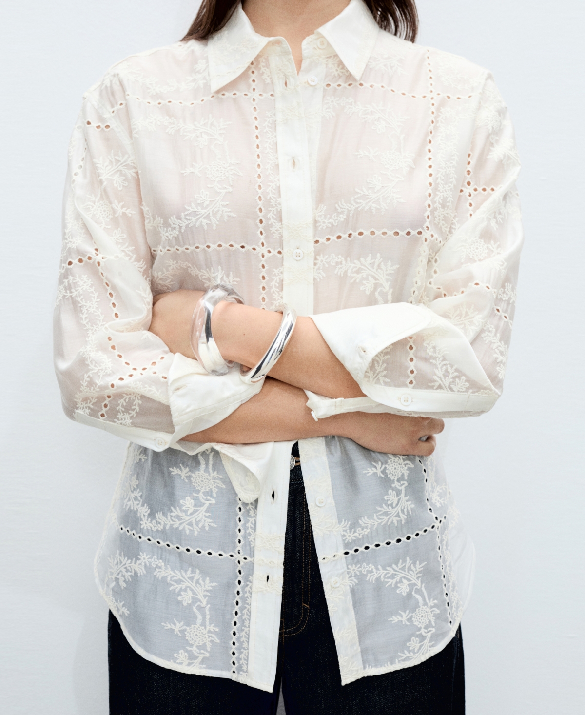 Mango Women's Floral Embroidery Lyocell Shirt In Ecru
