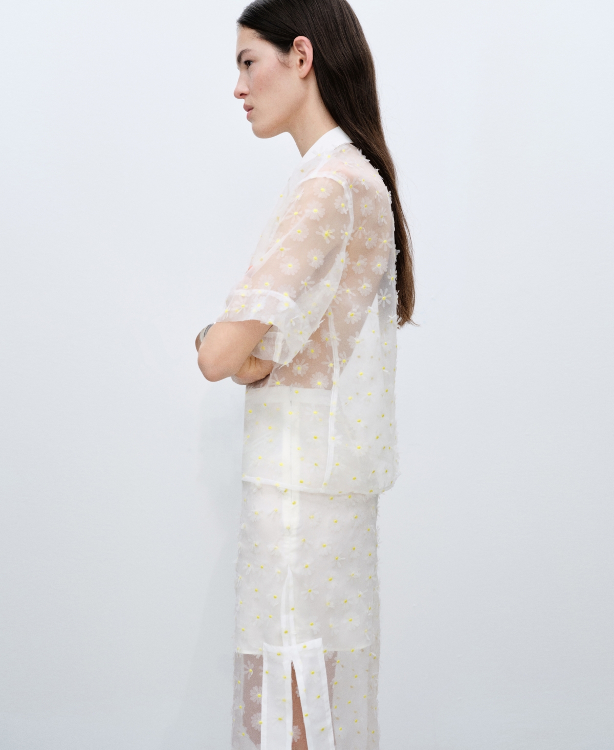 Mango Semi-transparent Shirt Embroidered With Flowers Off White In Off White