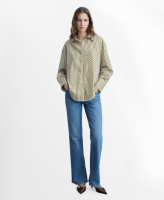 MANGO - Women's Contrasting Pocket Striped Shirt