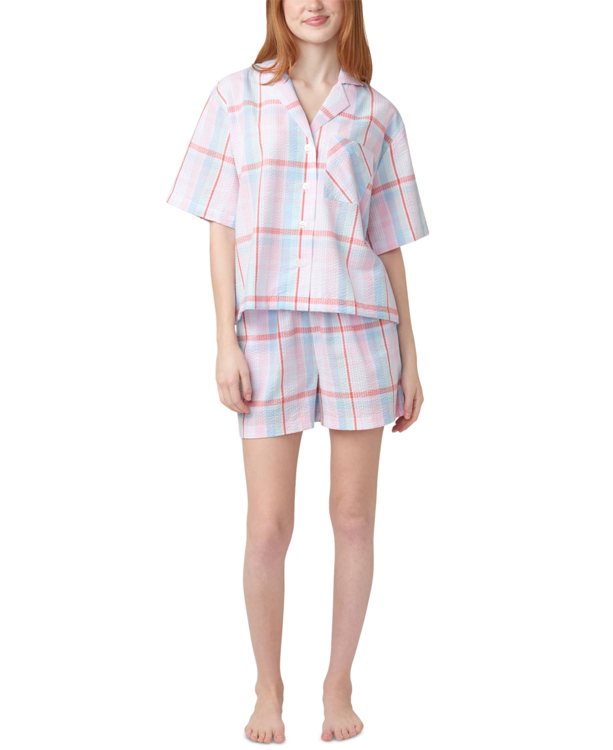 Shop Hue Women's Plaid Seersucker Short-sleeve Boxer Pajama Set In Bright White