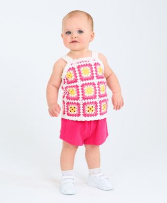 Rare Editions Baby Girls 2-Piece Granny Square Crochet and Short Set - Fuchsia White Yellow 10$
