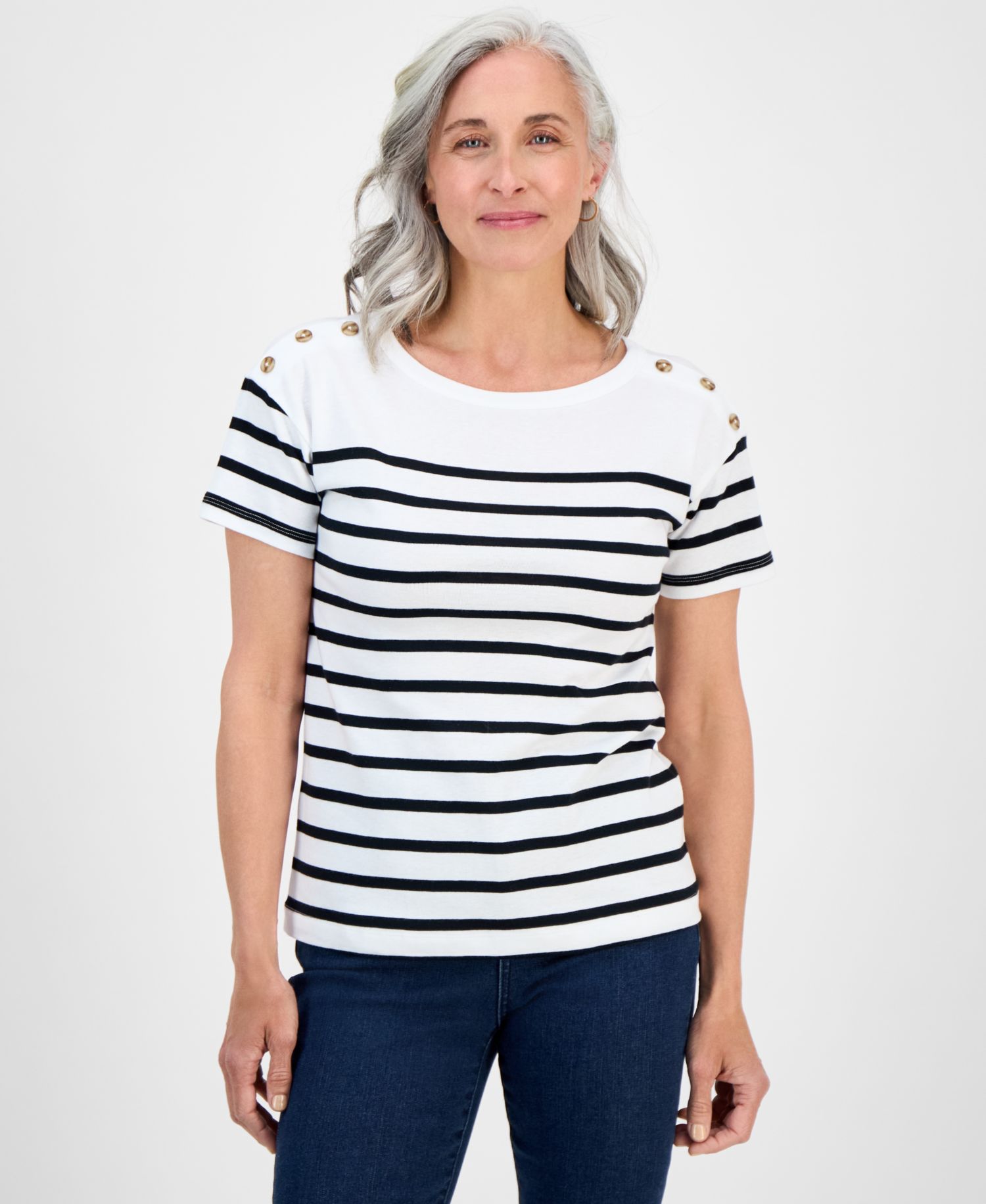 Petite Cotton Button-Shoulder Tee