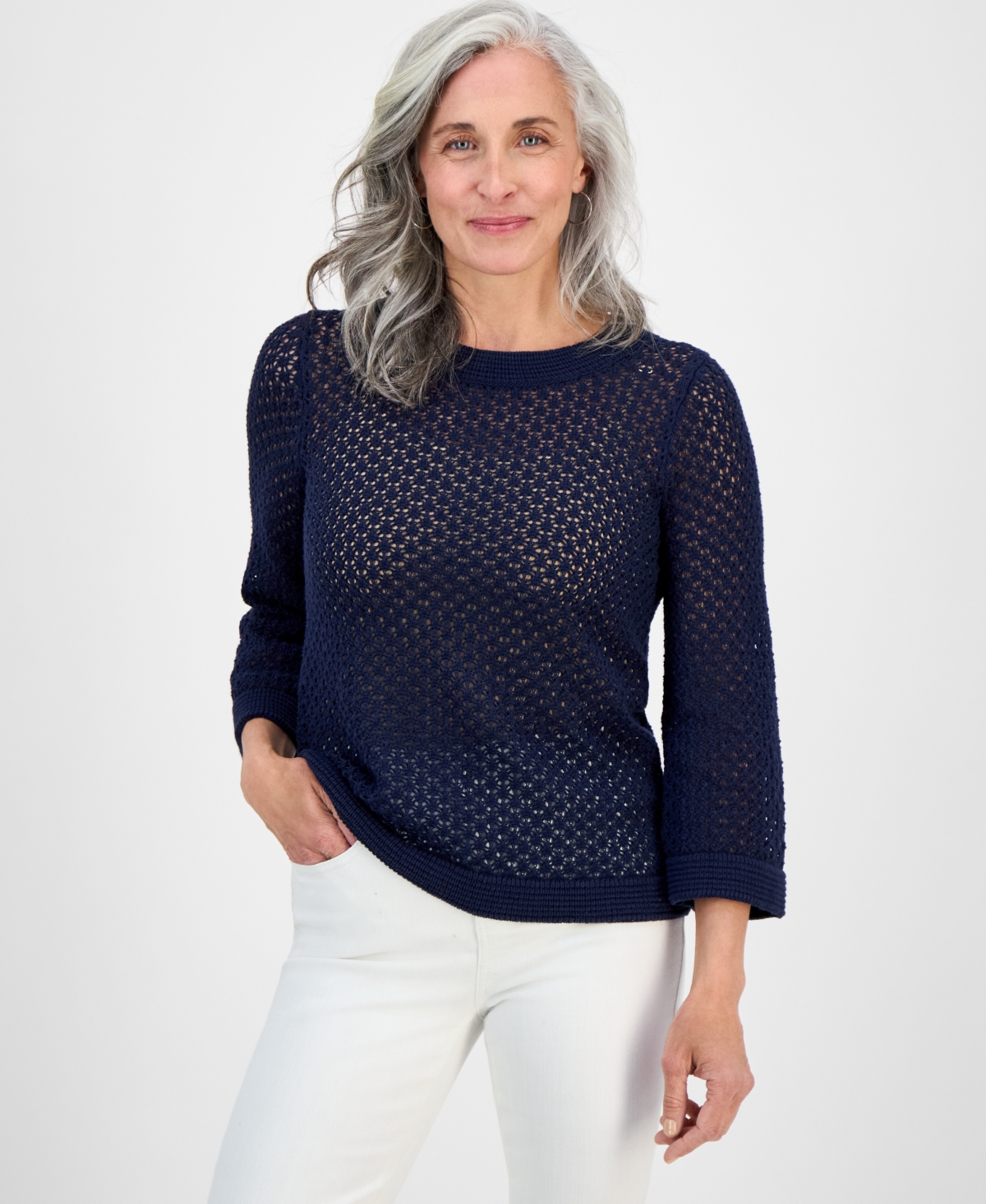 Petite Open-Stitch 3/4-Sleeve Cotton Sweater, Exclusively at Macy's - Industrial Blue