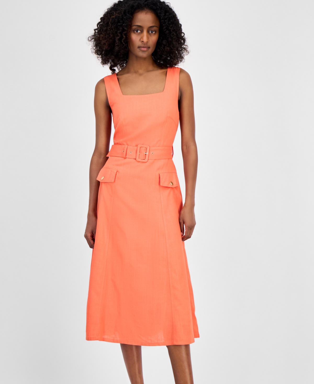 Tahari Asl Women's Sqaure-neck Belted Midi Dress