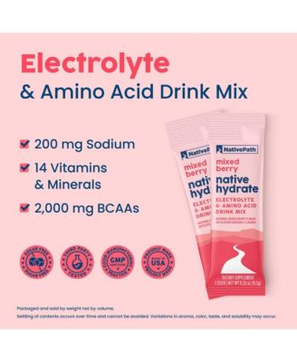 Native Hydrate Stick Packs, Sugar Free Electrolytes Powder with BCAAs, Mixed Berry Hydration, Keto & Paleo Friendly, 30 Servings