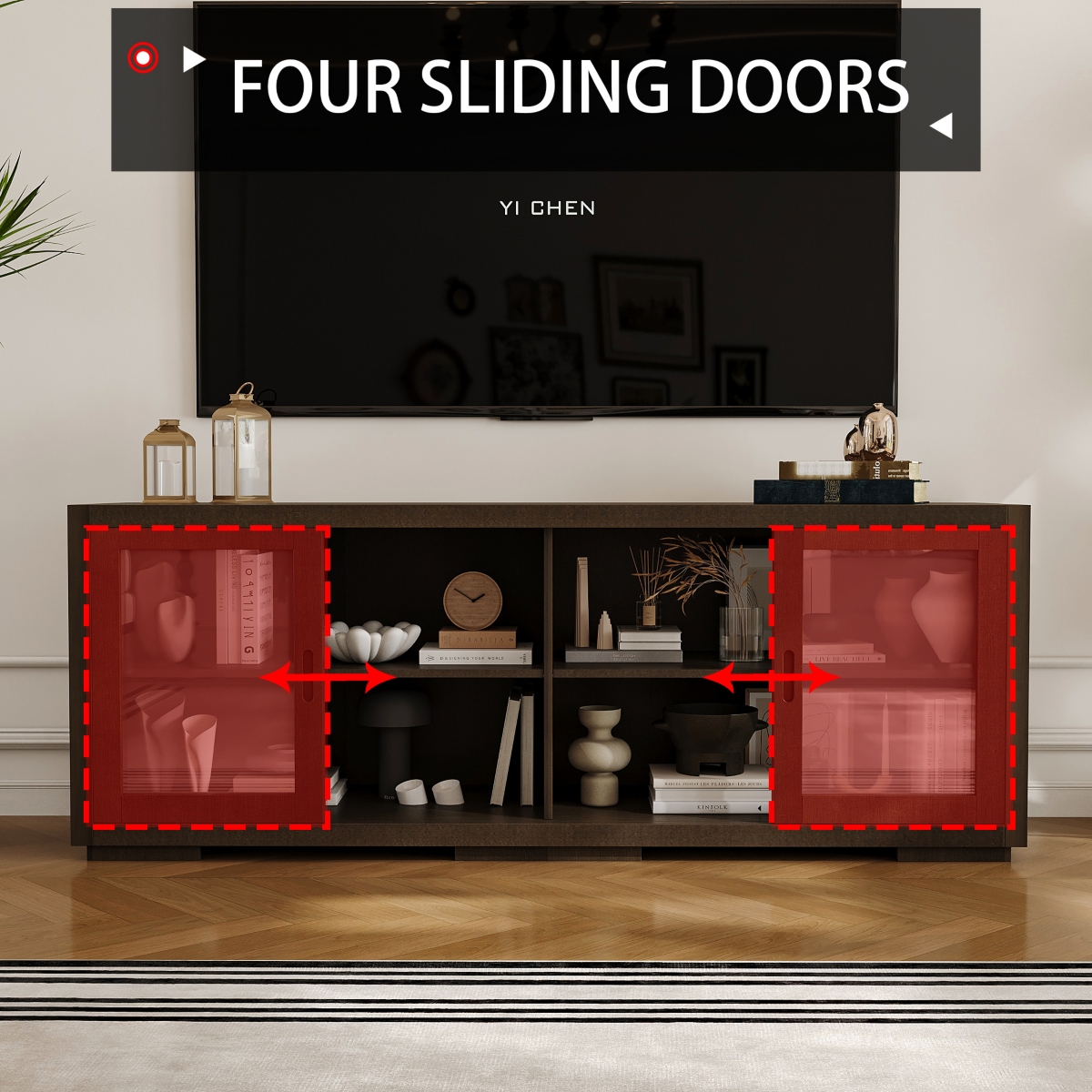 Solid Wood Tv Stand with 4 Sliding Tempered Glass Doors,Media Console