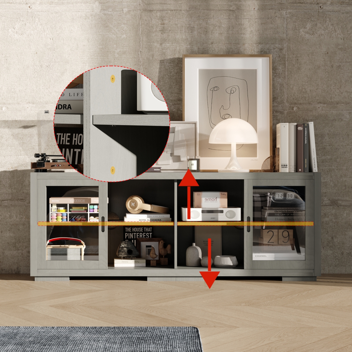 Solid Wood Tv Stand with 4 Sliding Tempered Glass Doors,Media Console