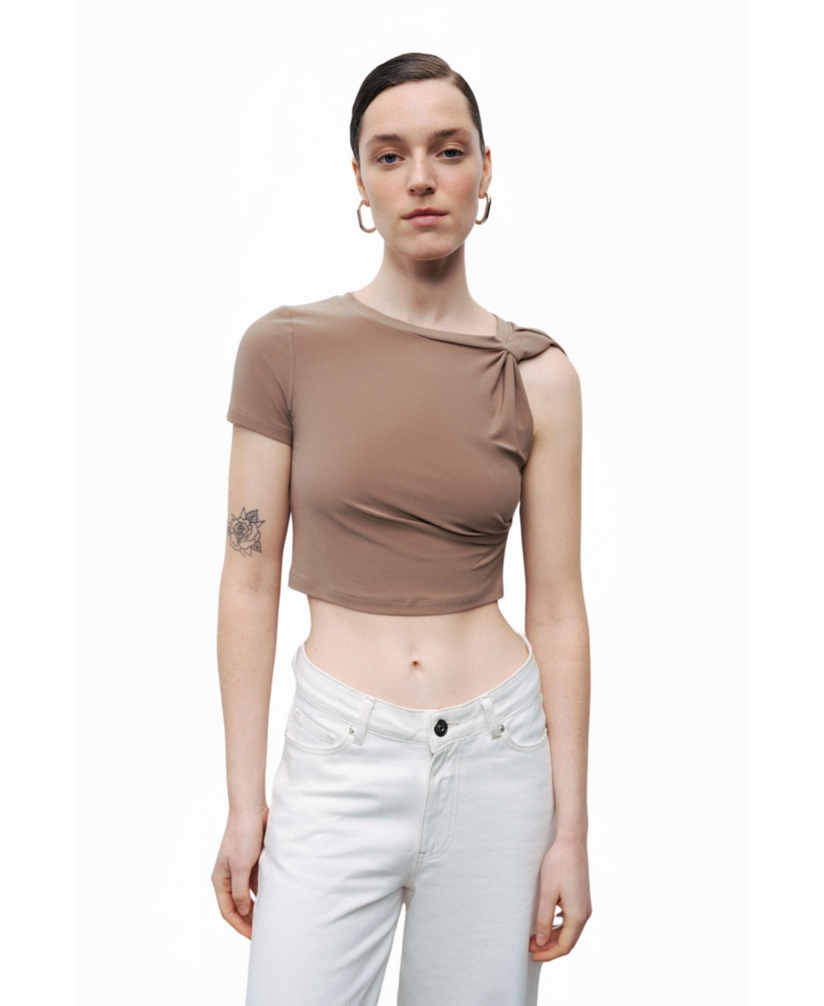 Women's Crop Top with Twisted Detail - Brown