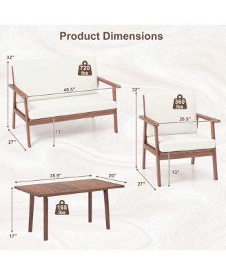 4 PCS Patio Conversation Set Acacia Wood Sofa Coffee Table with Cushioned Seat