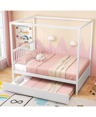 Full Size Canopy Bed with Trundle Wooden Platform Bed Frame Headboard