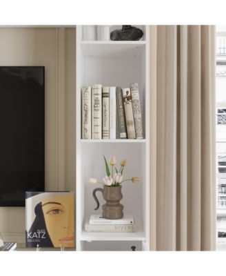 Black four-door TV stand, media console with movable shelves, multi-purpose entertainment center