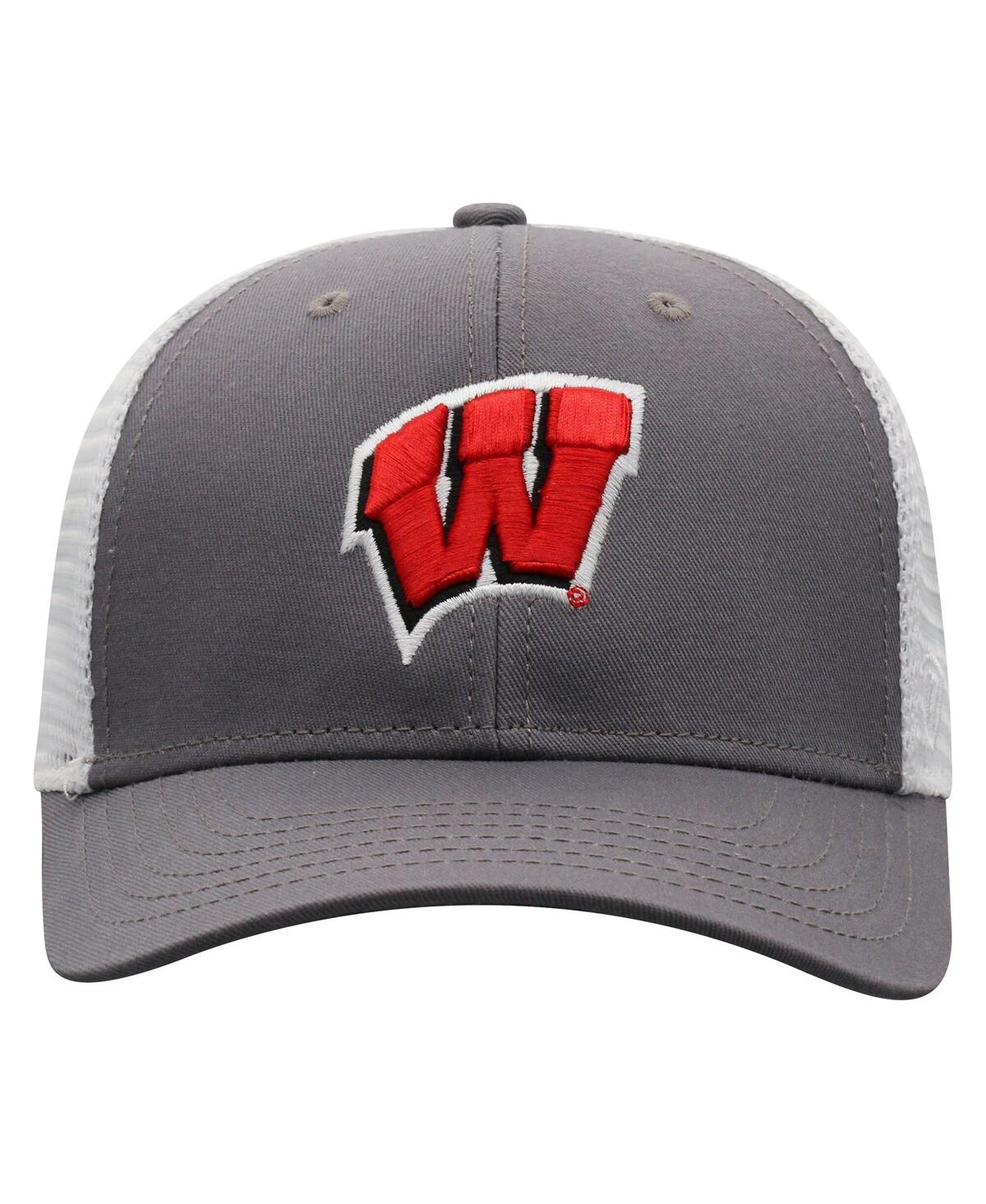 Top Of The World Men's Gray/white Wisconsin Badgers Victory Baseline Trucker Adjustable Hat In Gray,white