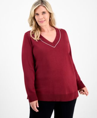 Plus Size Embellished V-Neck Sweater, Macy's Exclusive
