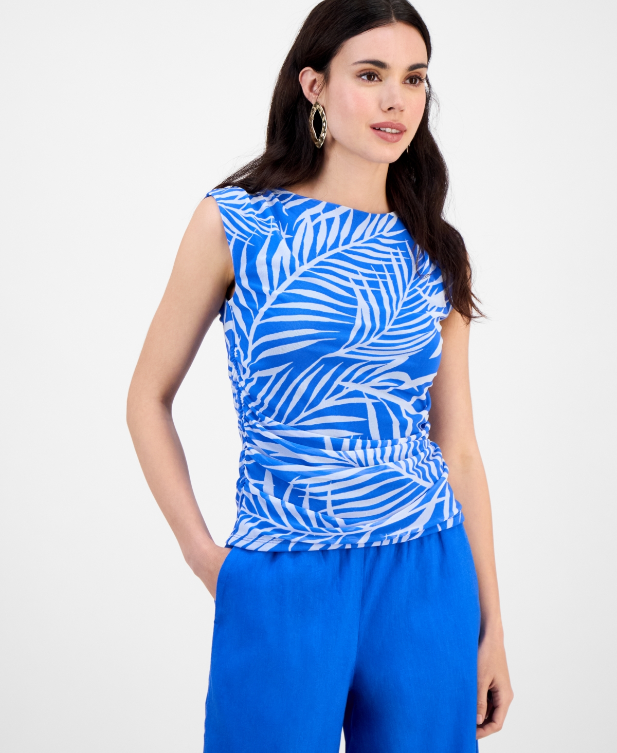 Petite Printed Side-Ruched Mesh Tank Top, Exclusively at Macy's - Ivy Palm Blue