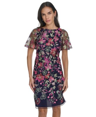 Women's Short-Flared-Sleeve Sheer-Detail Sheath Dress