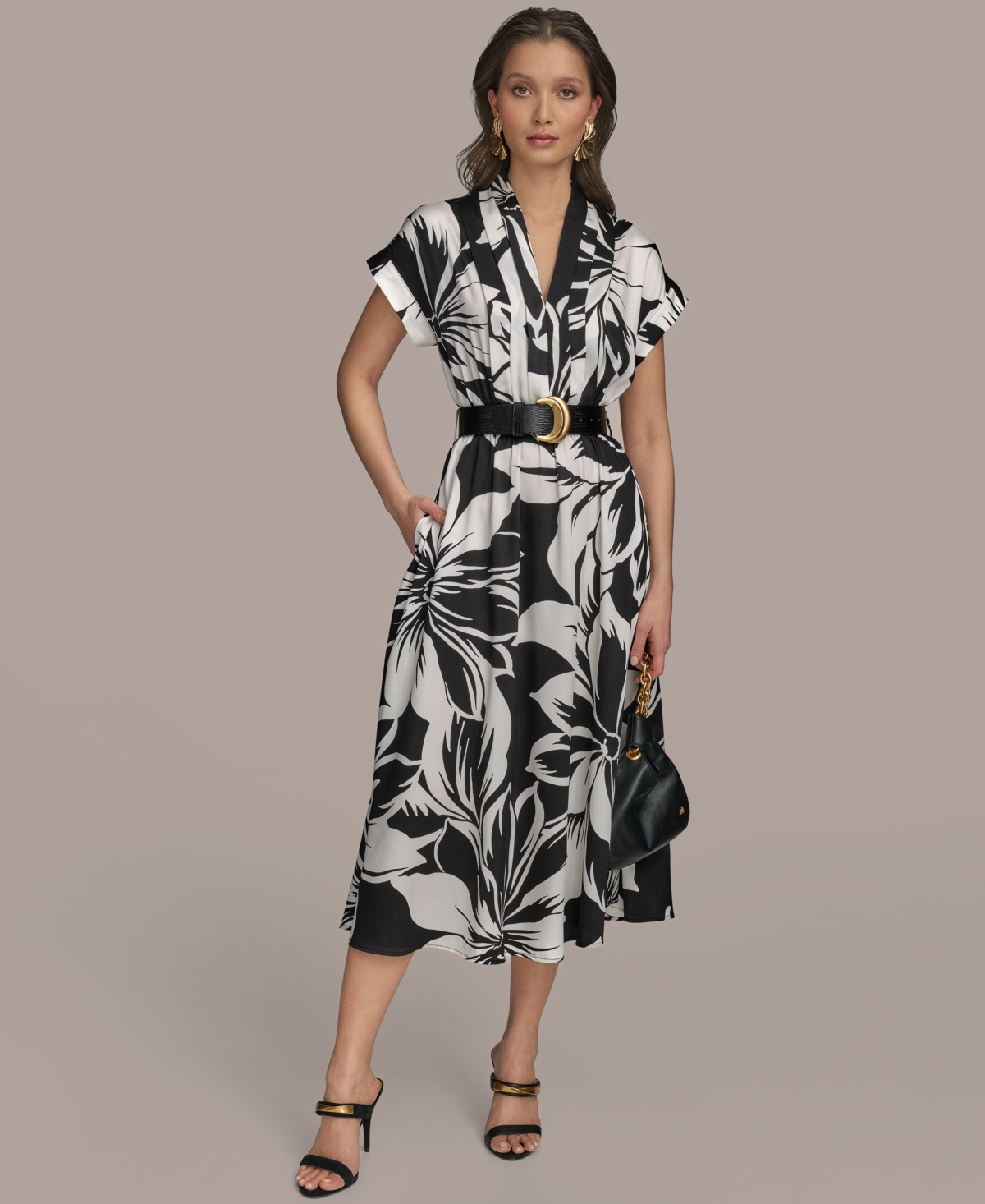 Donna Karan Plus Size Printed Belted A-line Dress In Black Pristine