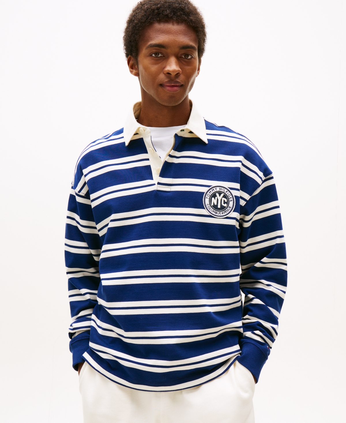 Men's Relaxed-Fit Stripe Rugby Sweatshirt - Ivory Petal / Preppy Navy
