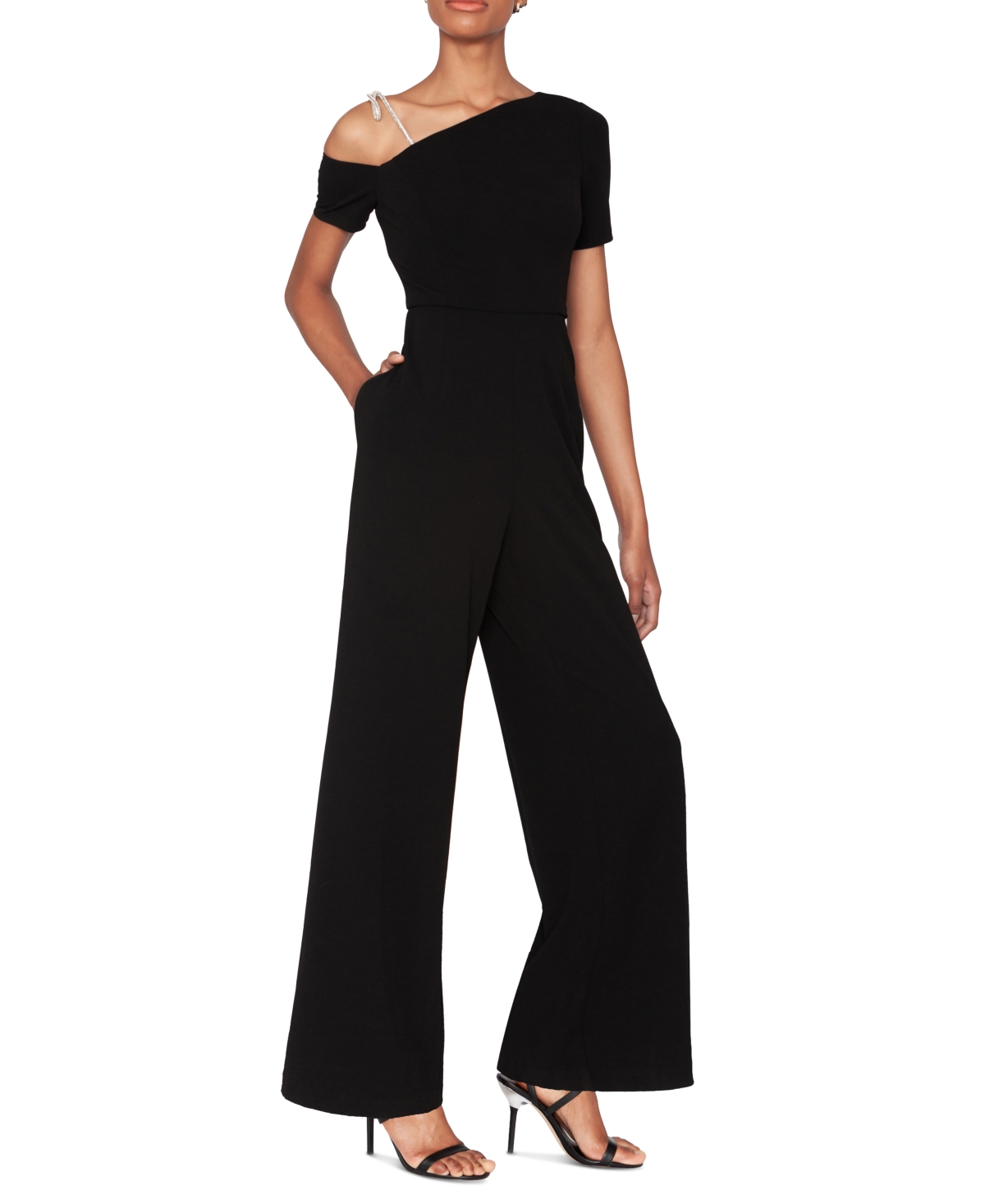 White Tie By Shani Women's Crystal-bow One-shoulder Wide-leg Jumpsuit