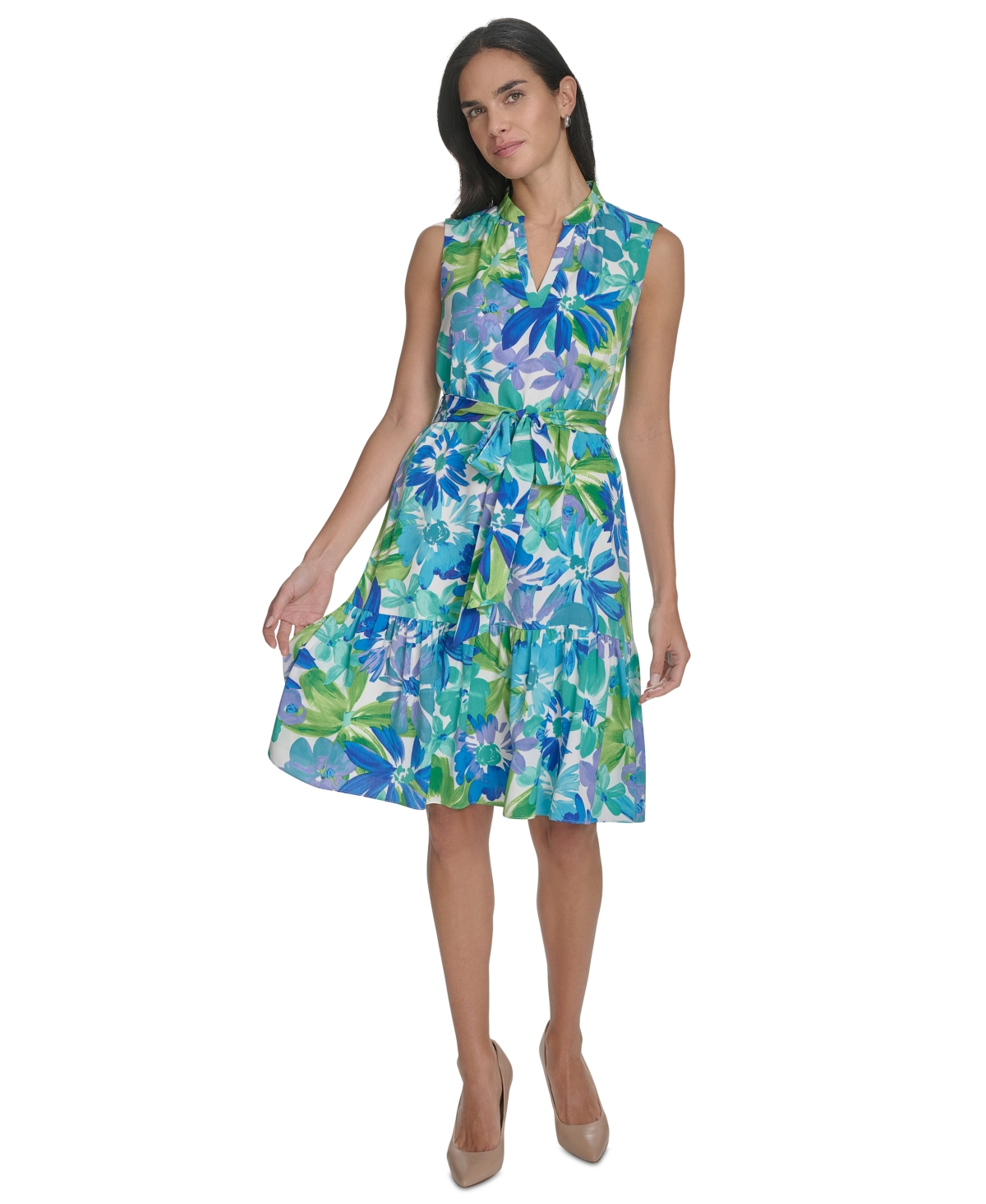 Petite Printed Tie-Waist Tiered Dress - Blue Multi