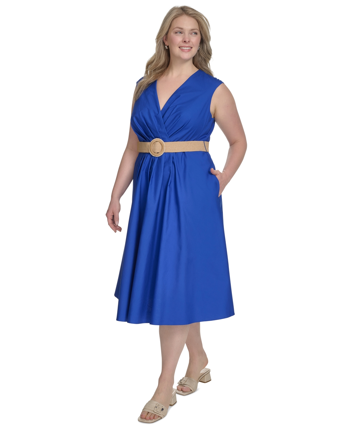 Jessica Howard Plus Size Belted Sleeveless V-neck Midi Dress In Blue