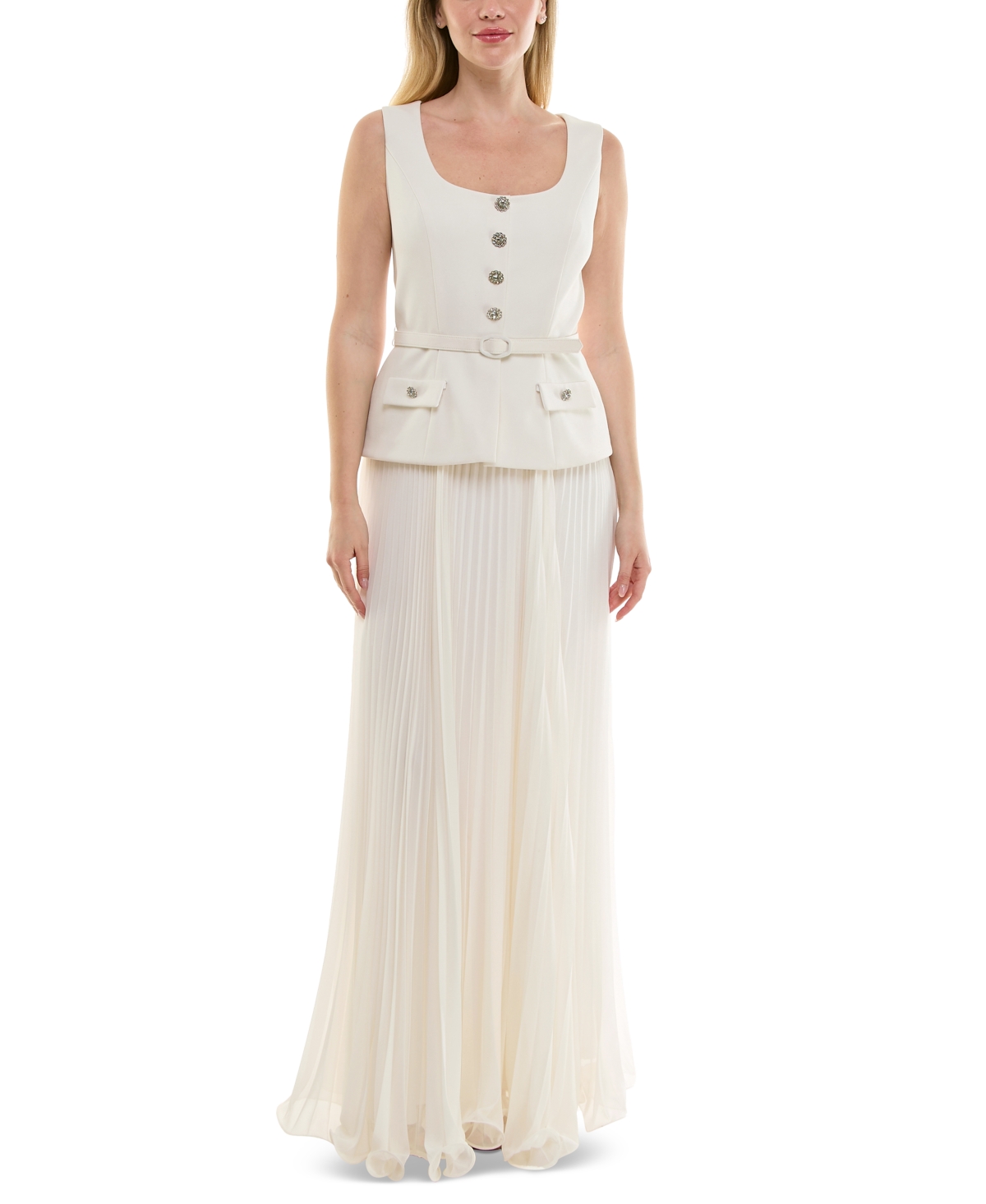Women's Mixed-Media Square-Neck Sleeveless Dress - Cream