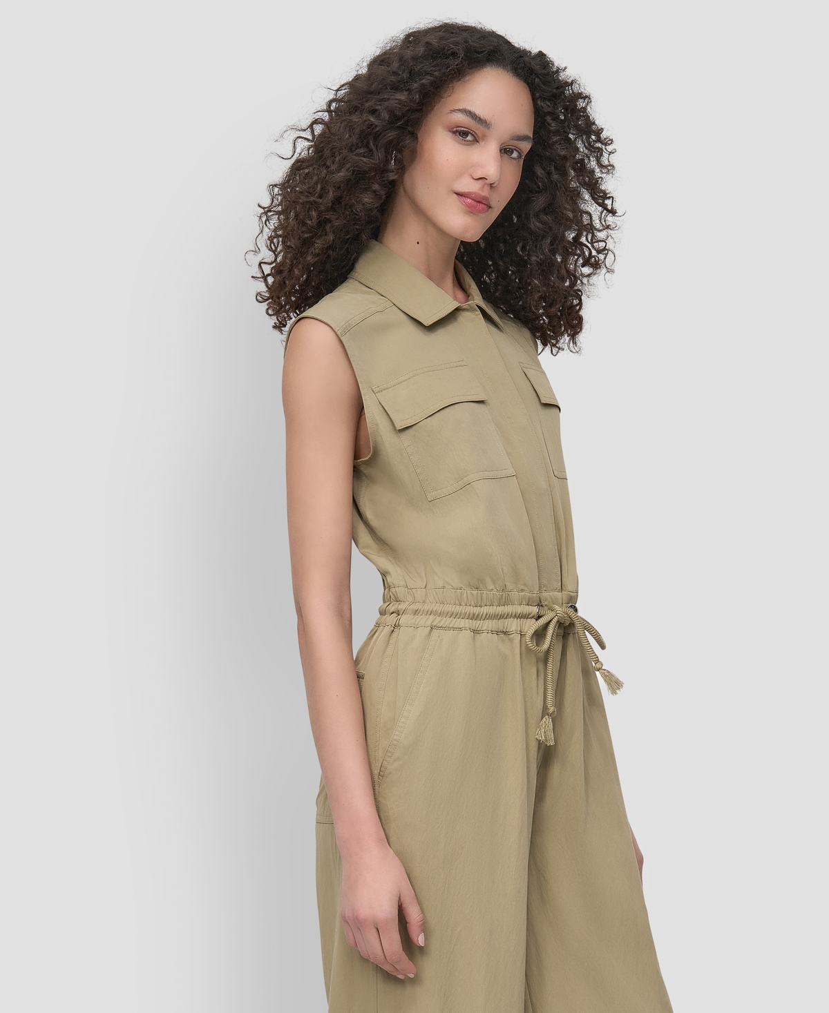 Shop Dkny Women's Twill Button-front Drawstring-waist Jumpsuit