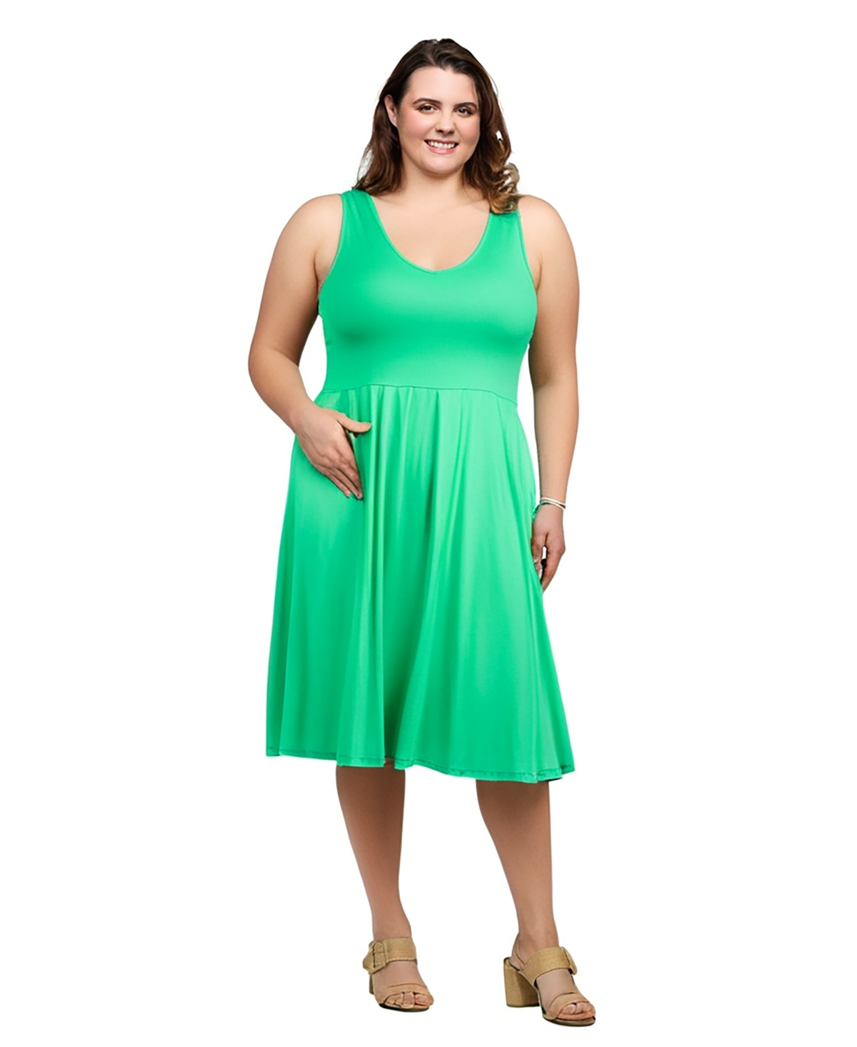 24seven Comfort Apparel Plus Size Sleeveless Midi Fit And Flare Pocket Dress In Green