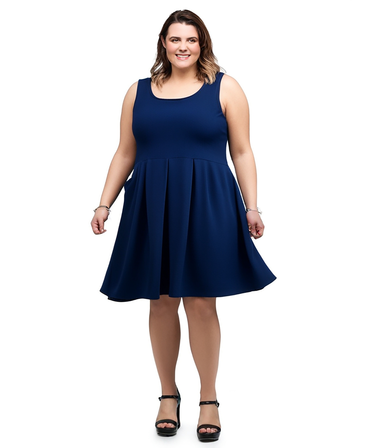 24seven Comfort Apparel Plus Size Sleeveless Dress With Pockets In Navy