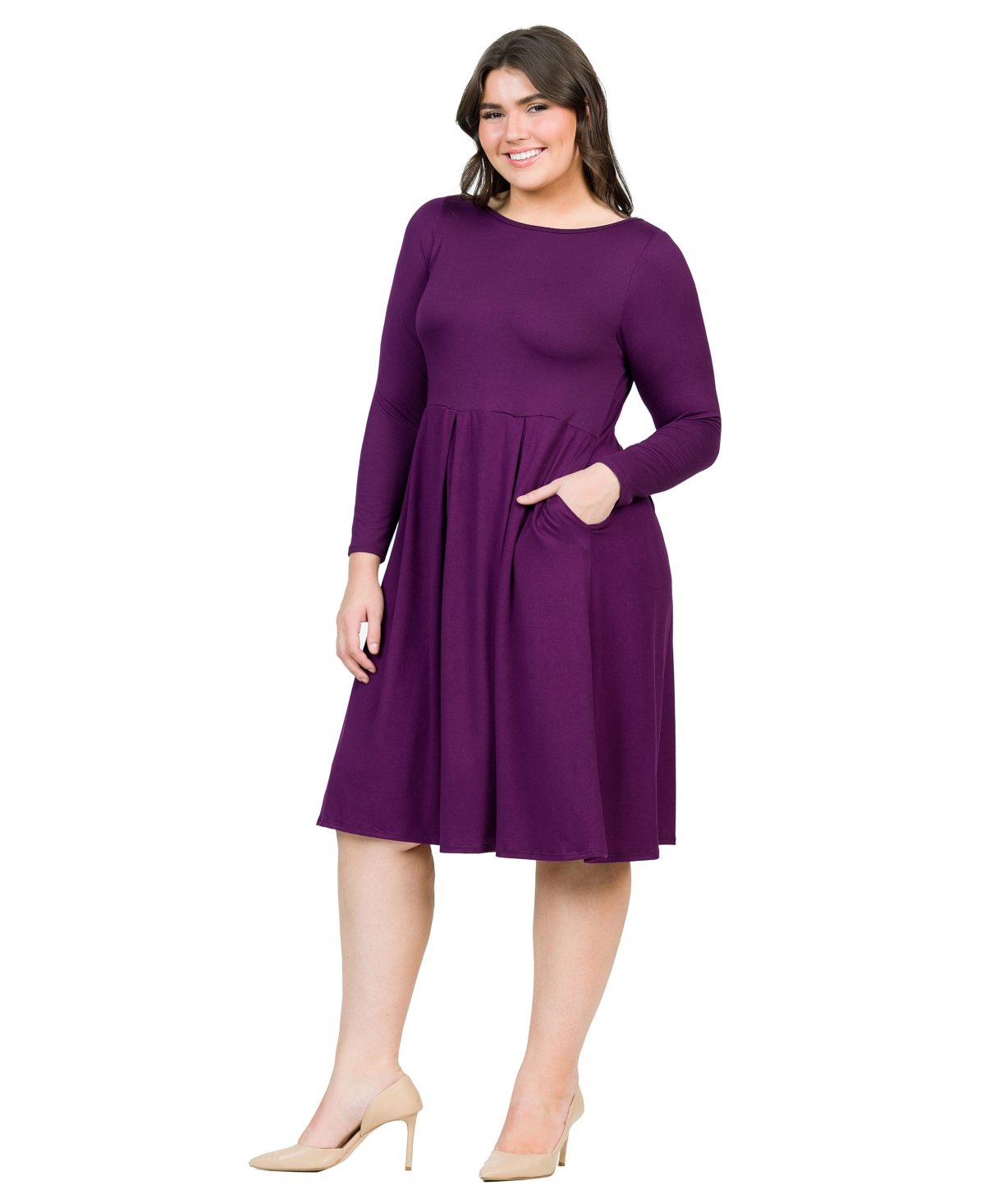 24seven Comfort Apparel Plus Size Long Sleeve Fit And Flare Midi Dress In Purple