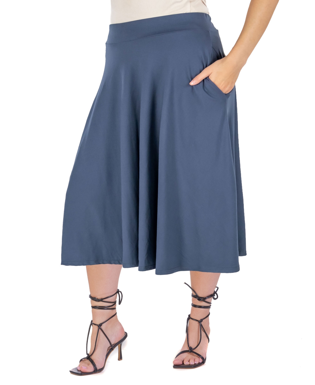 24SEVEN COMFORT APPAREL PLUS SIZE ELASTIC WAIST PLEATED POCKET MIDI SKIRT 