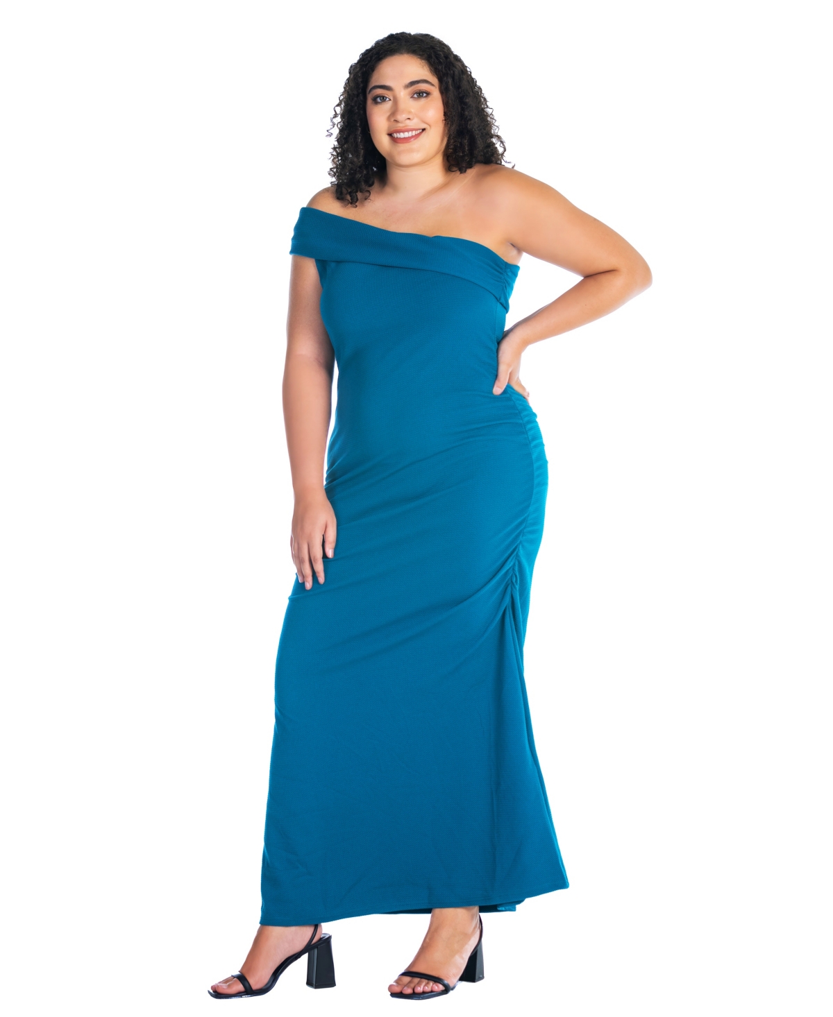 Shop 24seven Comfort Apparel Plus Size Formal One Shoulder Ruched Mermaid Maxi Dress In Teal
