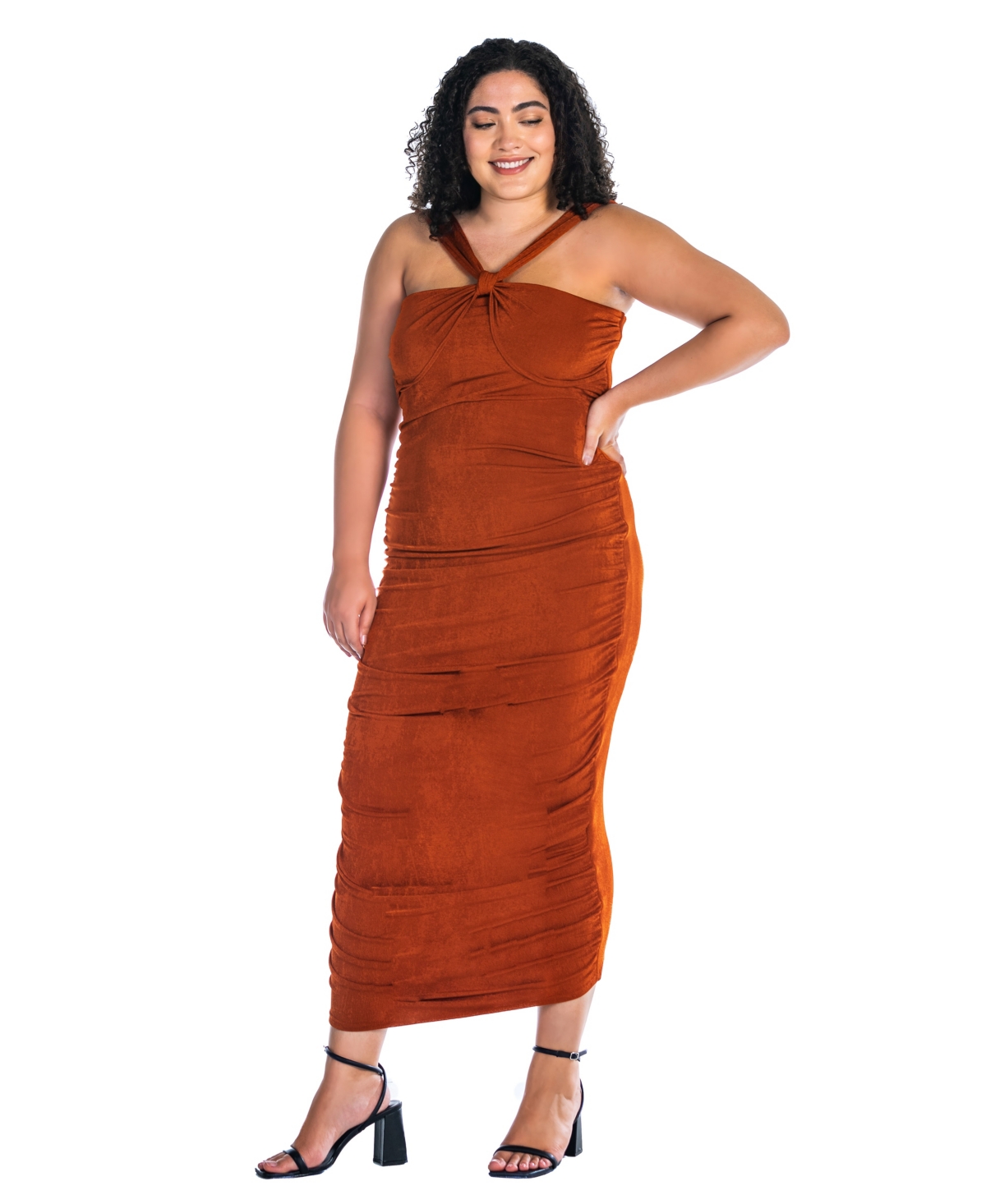 24seven Comfort Apparel Plus Size Halter Cross Neck Ruched Bodycon Mid Dress In Rust