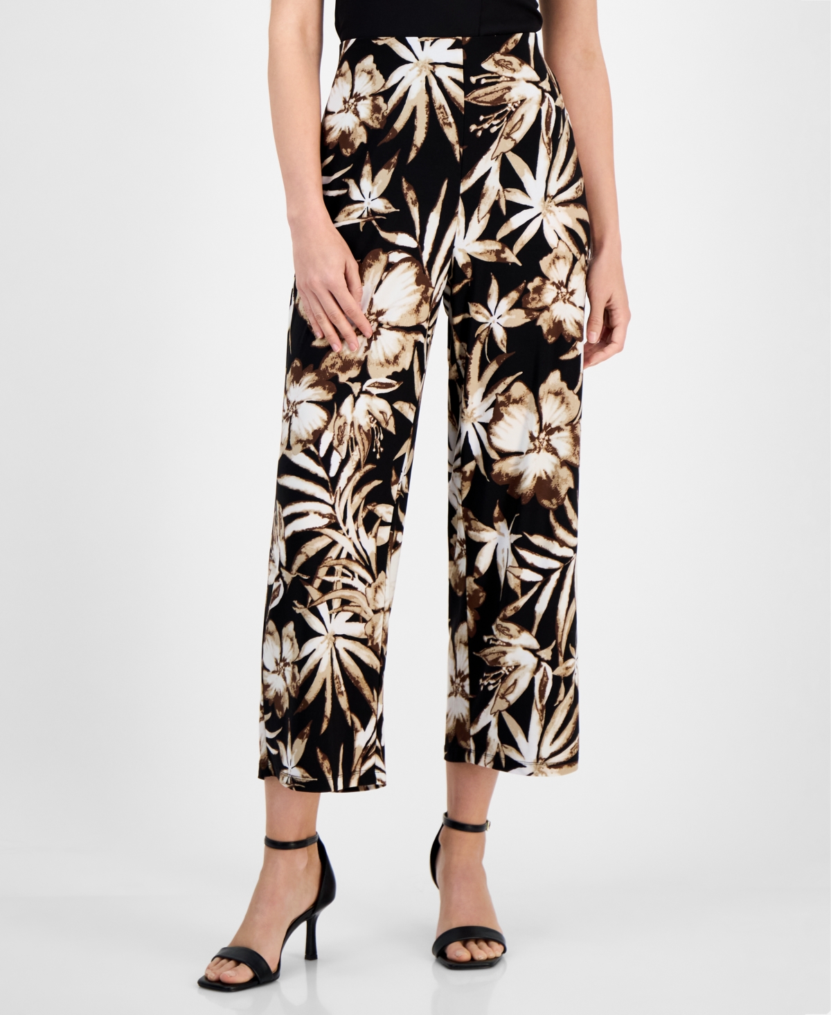 Ak Anne Klein Petite Floral-print Cropped Pull-on Pants
