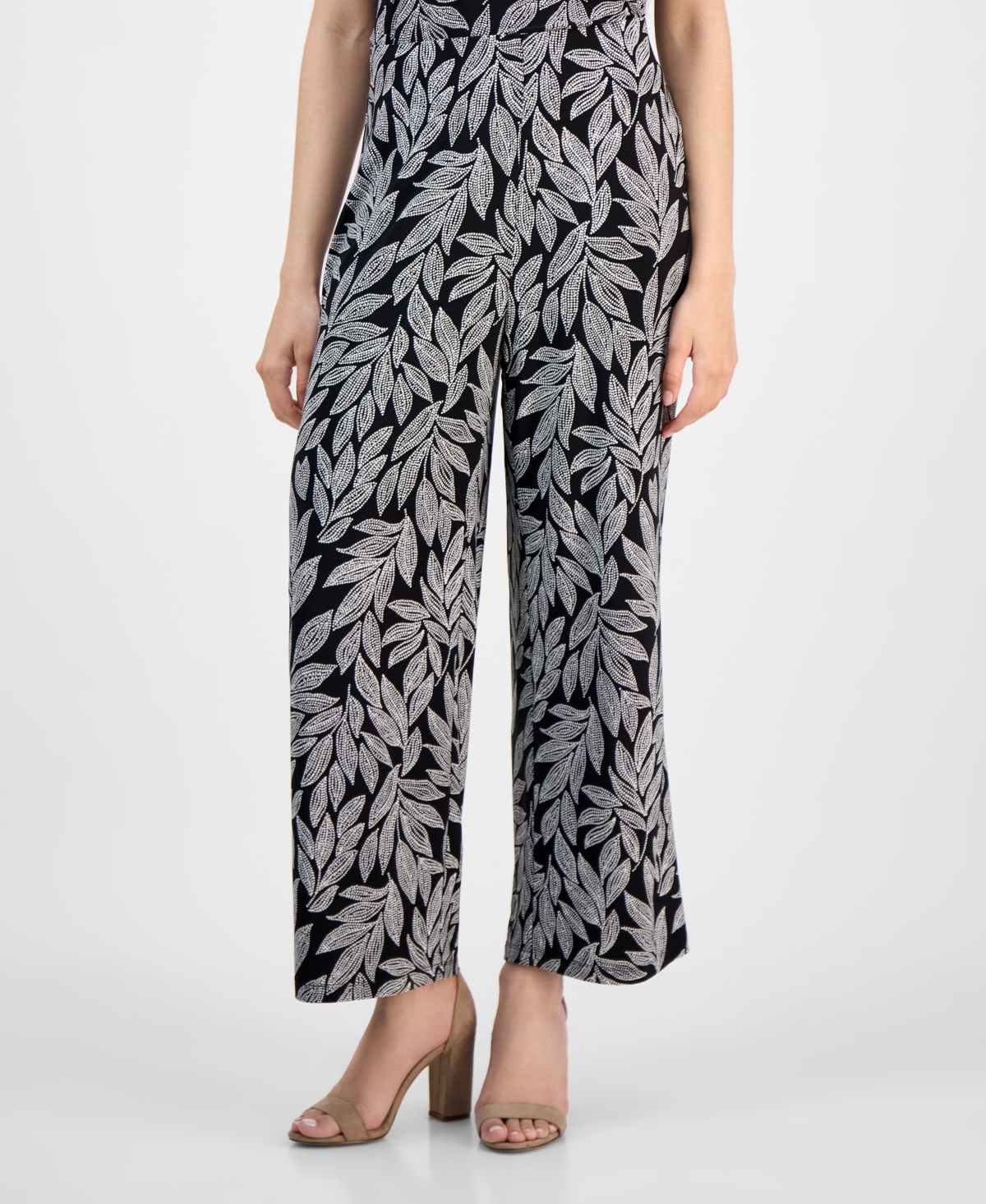 Shop Ak Anne Klein Petite Leaf-print Cropped Wide-leg Pull-on Pants