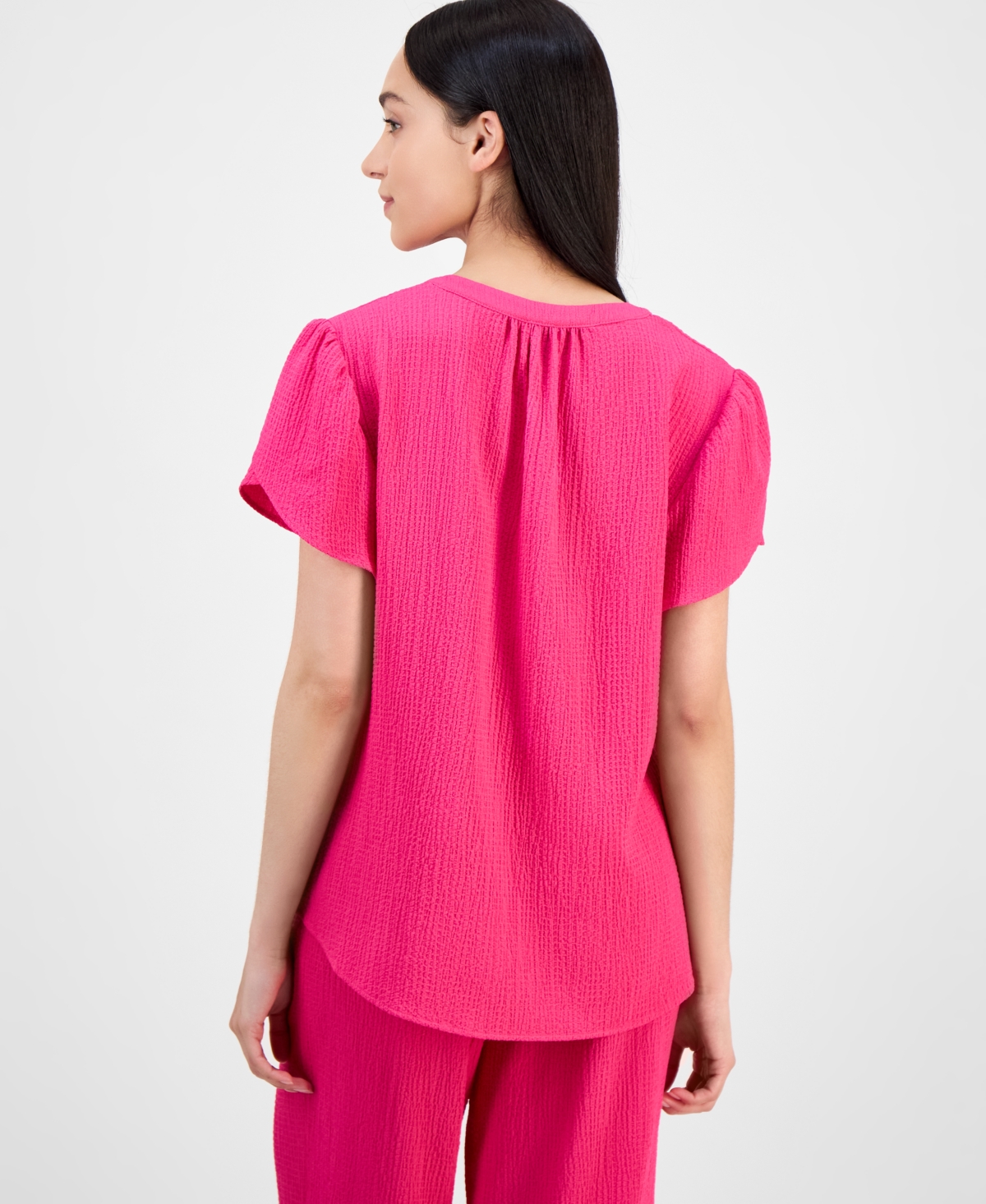 Ak Anne Klein Petite Textured V-neck Tulip Sleeve Top